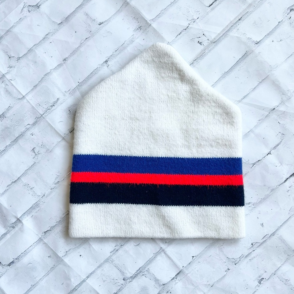 Vintage Style Striped Ski Beanie Winter Hat White Navy Red and Black Stripes OS